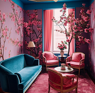 Image of a bright pink room with dark blue accents and cherry blossom trees