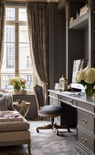 Image of a study with grey furniture and walls with light gold and cream accents